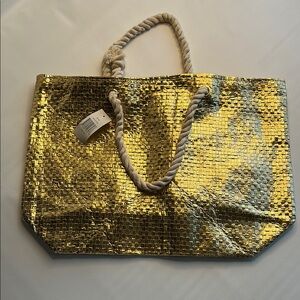 Saks Fifth Avenue Gold Metallic Tote Bag with Rope Handles